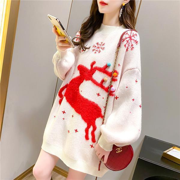 Women’s Christmas Tree & Reindeer Jacquard Cozy Loose Pullover Sweater
