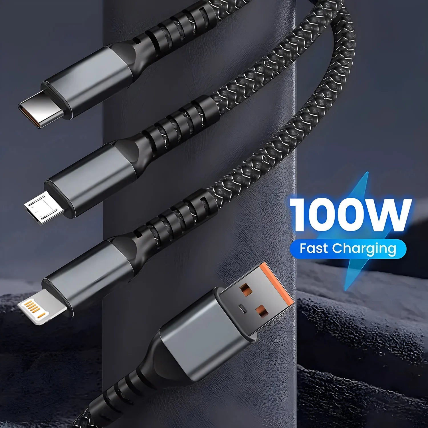 100W Fast Charging 3-in-1 Cable - Nylon Braided Multi USB Charger with Type-C & Micro USB