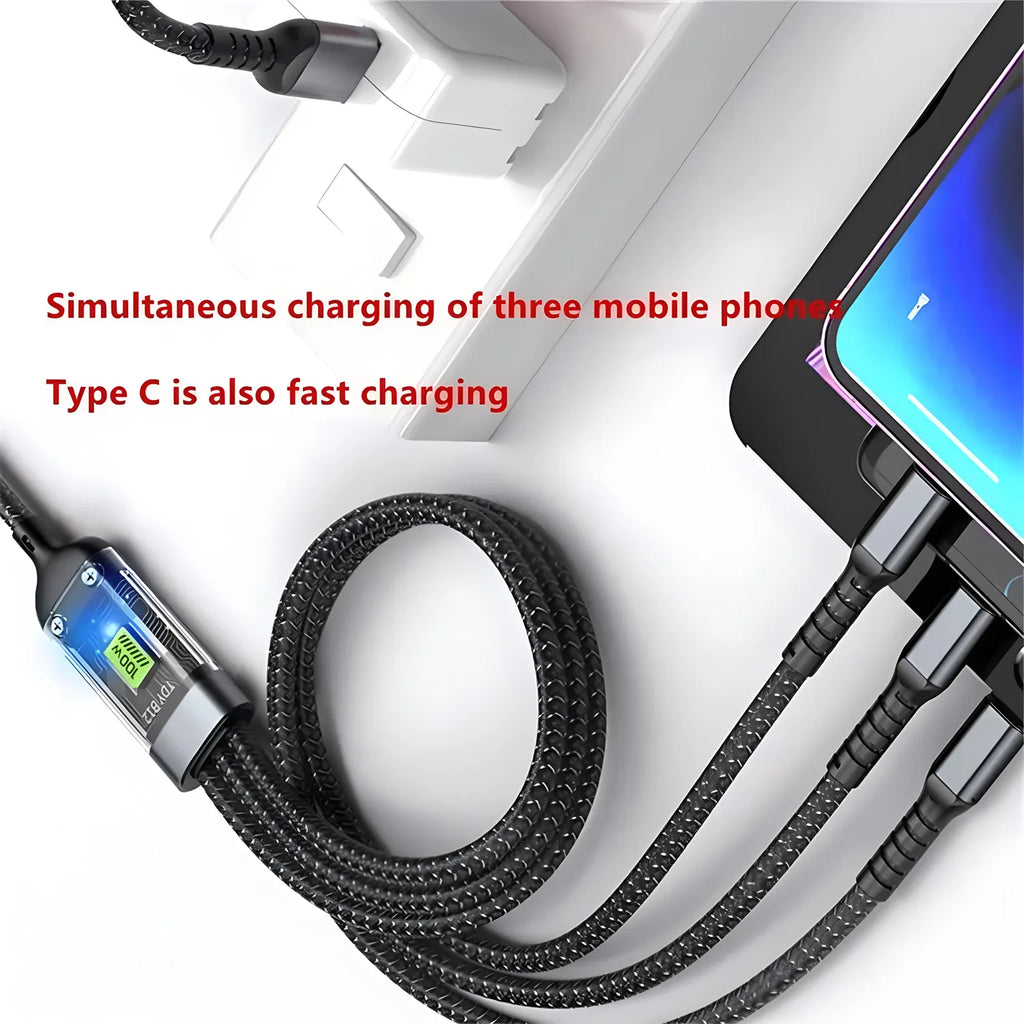 100W Fast Charging 3-in-1 Cable - Nylon Braided Multi USB Charger with Type-C & Micro USB
