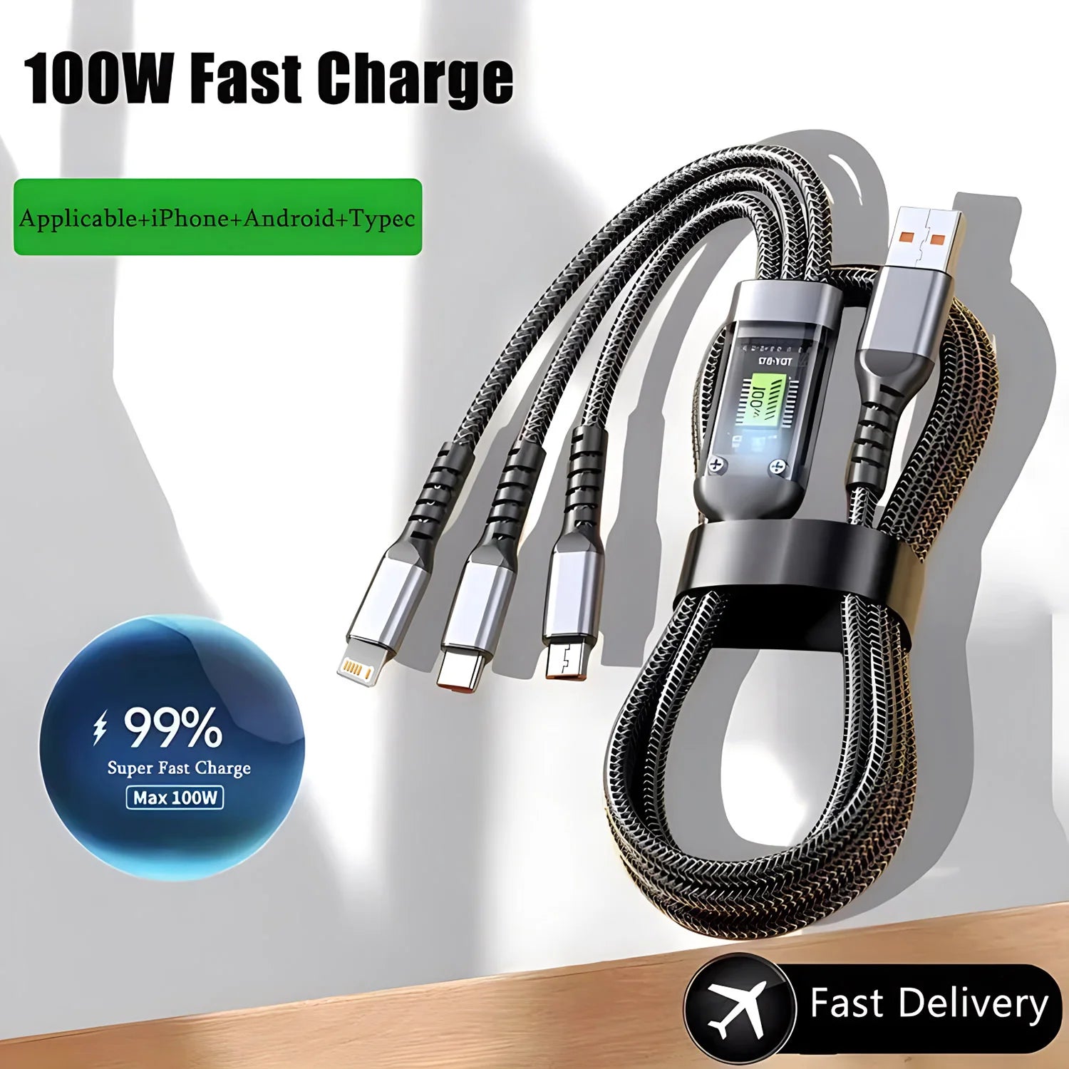 100W Fast Charging 3-in-1 Cable - Nylon Braided Multi USB Charger with Type-C & Micro USB