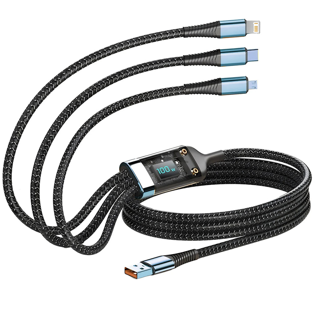 100W Fast Charging 3-in-1 Cable - Nylon Braided Multi USB Charger with Type-C & Micro USB