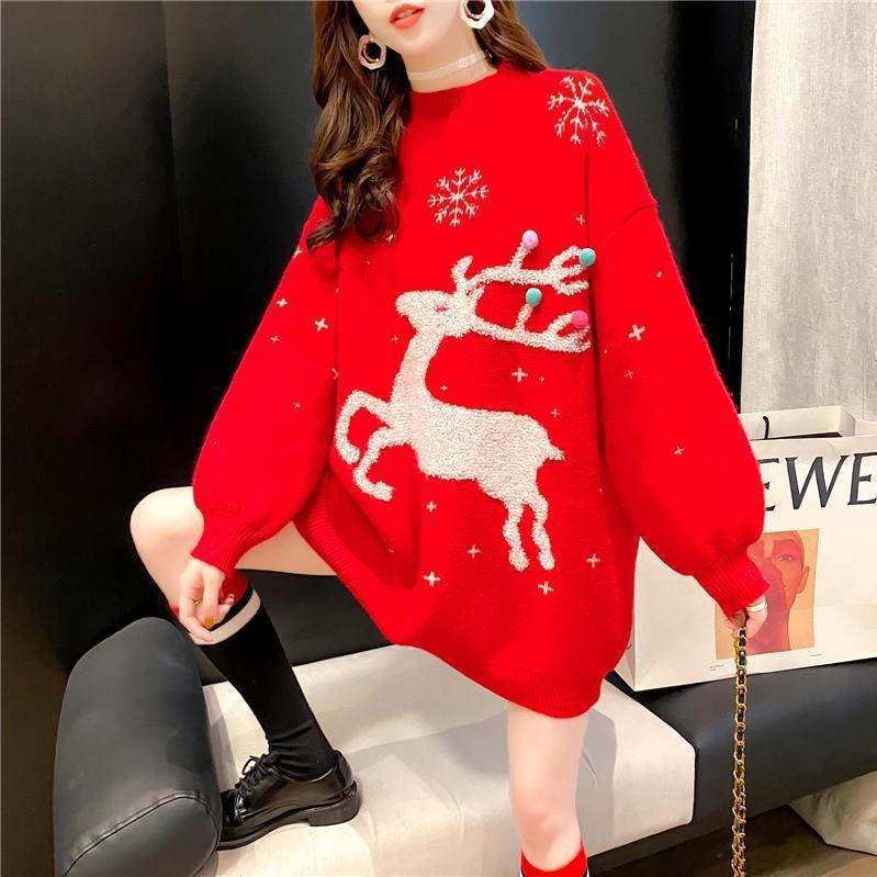 Women’s Christmas Tree & Reindeer Jacquard Cozy Loose Pullover Sweater