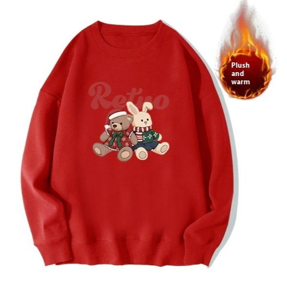 Red Fleece-Lined Christmas Deer Sweater for Couples